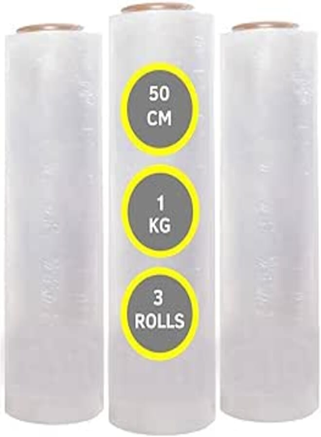 3 Roll Clear Stretch Film Wrap - 500mm Heavy Duty Plastic Shrink Wrap for Pallet Wrap, Packing, Moving and Packaging - Cling Wrap, 1 kg 300g core